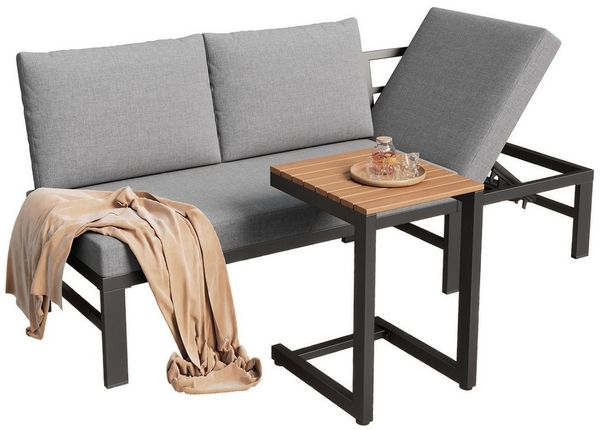 MODFU Gartenlounge-Set Outdoor-Möbelset, (Garten-Lounge-Set, Gartenmöbel-Set, Outdoor-Sofa-Set, Balkonset, 2-tlg, verzinktes Stahlrohr, Tischplatte aus Kunststoff-Holz), mit verstellbarer Neigungsfunktion (5-stufig, bis 55)