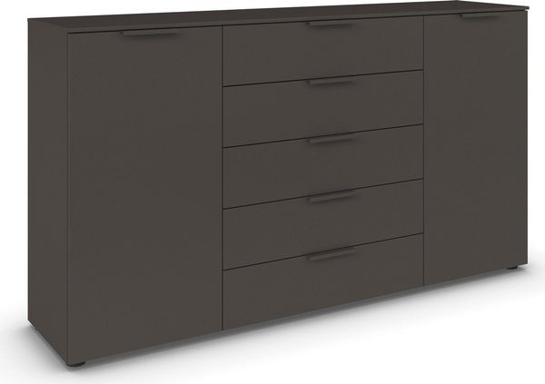 Rauch Möbel Flipp, Kombikommode, Kommode mit Stauraum für Wohnzimmer, Schlafzimmer, Flur, 4 Fachböden, Graphit, 2-türig, 5 Schubkästen, Griffe graphit, 180 x 100 x 42 cm