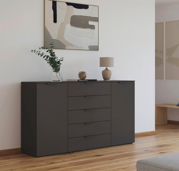 Rauch Möbel Flipp, Kombikommode, Kommode mit Stauraum für Wohnzimmer, Schlafzimmer, Flur, 4 Fachböden, Graphit, 2-türig, 5 Schubkästen, Griffe graphit, 180 x 100 x 42 cm Bild 2