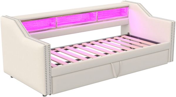 Ausziehbett 90/180×190 cm mit Lattenrost, USB und LED, Beige, ohne Matratze Bild 8