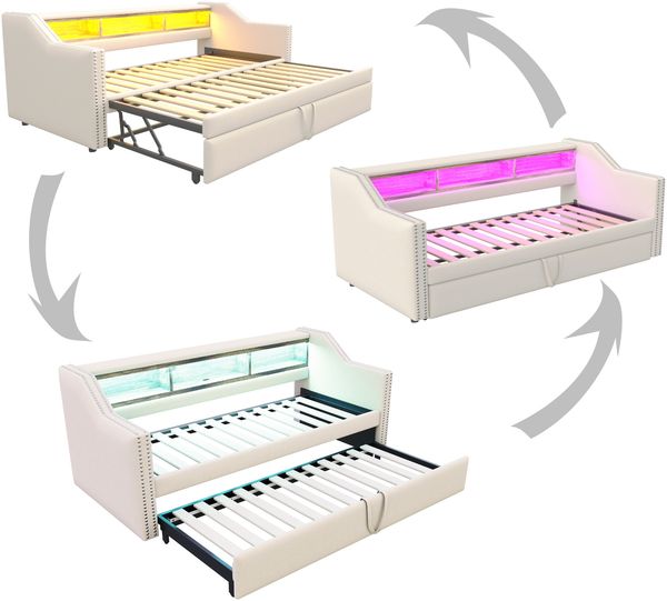 Ausziehbett 90/180×190 cm mit Lattenrost, USB und LED, Beige, ohne Matratze Bild 6