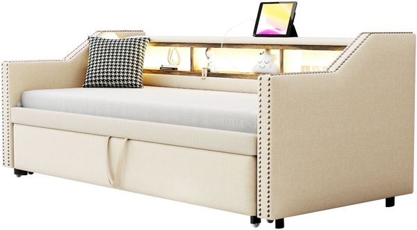 Ausziehbett 90/180×190 cm mit Lattenrost, USB und LED, Beige, ohne Matratze Bild 7