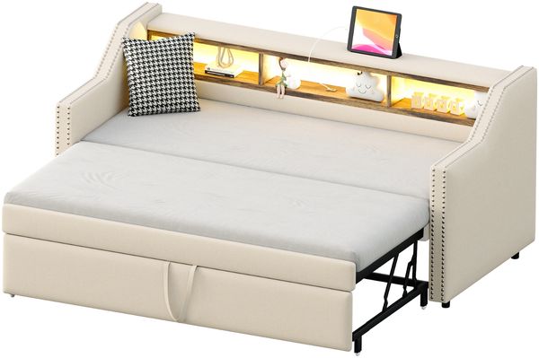 Ausziehbett 90/180×190 cm mit Lattenrost, USB und LED, Beige, ohne Matratze Bild 9