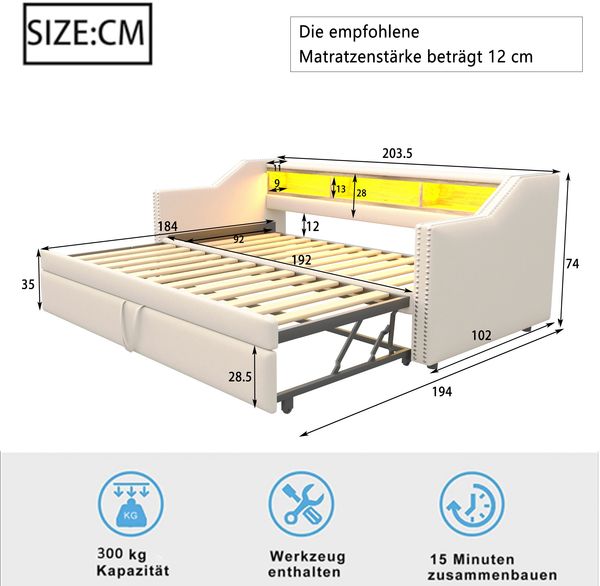 Ausziehbett 90/180×190 cm mit Lattenrost, USB und LED, Beige, ohne Matratze Bild 5
