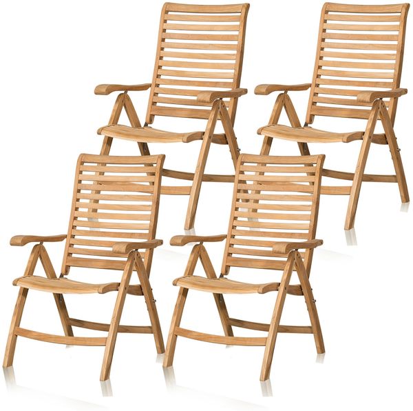 KHG 4 Klappstühle Garten aus Eukalyptusholz, Hochlehner mit Armlehnen aus massiven & rustikalen Echtholz, Gartenstuhl Holz Outdoor für Garten, Balkon & Terrasse, klappbar platzsparend wetterfest