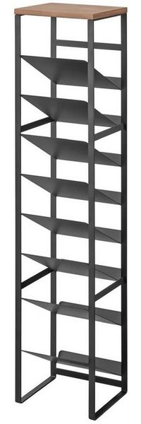 Yamazaki 1492 Tower 8-stöckiges Flaschenregal mit Holzablage, schwarz, Stahl/Holz/Silikon, minimalistisch, 19,3 x 20 x 88,5 cm
