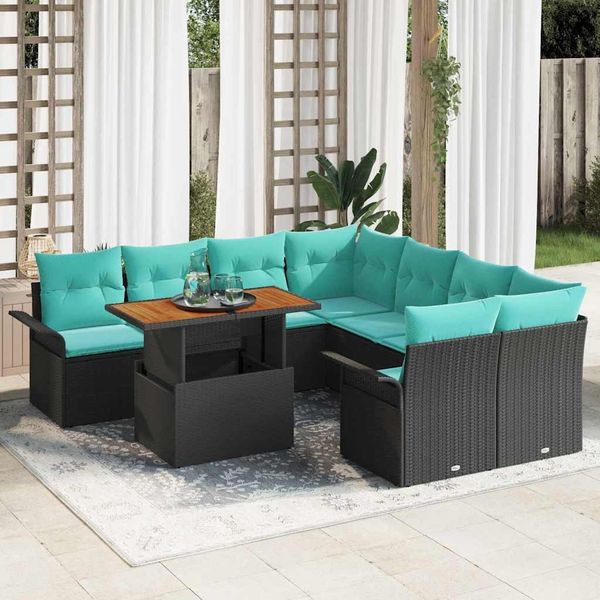 vidaXL Gartensofa-set mit Kissen 9 pcs Schwarz und Blau Poly-Rattan 3349318