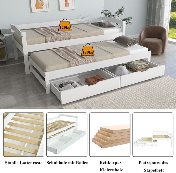 Tagesbett, Einzel- und Doppelbett, Schiebebett mit Rollen unten, mit 2 MDF-Schubladen, Massivholzrahmen, weiß (200x90cm/190x90cm) Bild 8