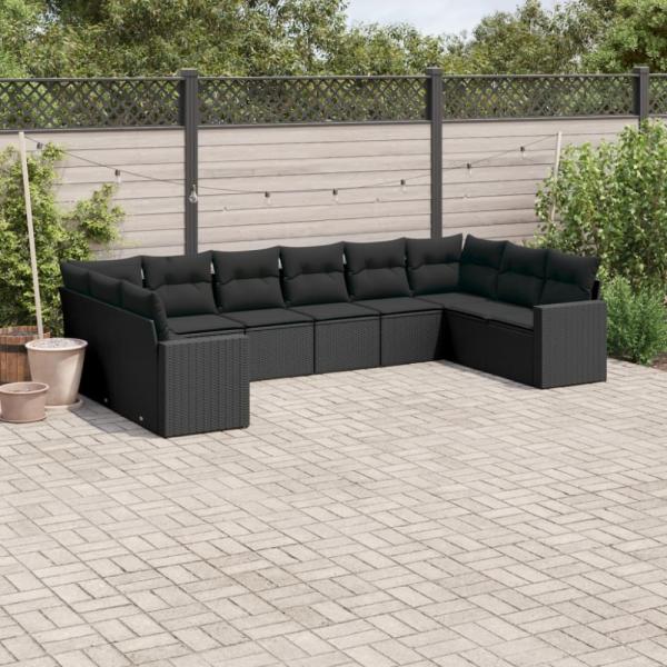 vidaXL 10-tlg. Garten-Sofagarnitur mit Kissen Schwarz Poly Rattan 3219455