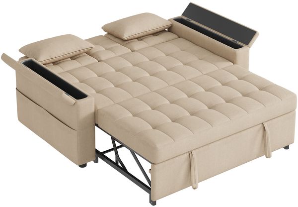 Sofa 159x142,5x92 cm Beige aus Baumwoll-Leinen mit Schlaffunktion, verstellbarer Rückenlehne und Stauraum Bild 9