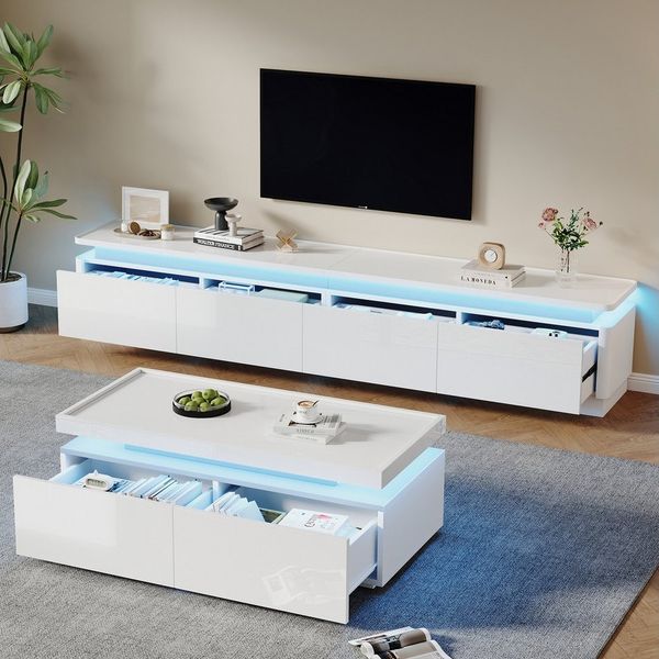 HAUSS SPOLE Wohnzimmer-Set mit Couchtisch&TV-Schrank,Wohnwand-Set Wohnzimmerset mit LED-Licht, (TV-Wandkombination, 2-St, mit bogenförmige Designelemente), mit LED-Leuchten