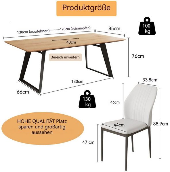 Jiexi Essgruppe Tisch-und Stuhlset, Ausziehbarer Esstisch (130–170 cm) mit 4-6 Stühlen Bild 3