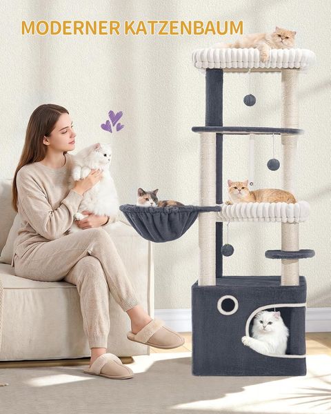 Kratzbaum, 151 cm hoch Katzenbaum, 6 Kratzstämme, 1 großes Katzenhaus, 3 Große Plattformen, Katzenkorb und 3 Plüschbällen. Mehrstöckiger Katzenbaum, Dunkelgrau