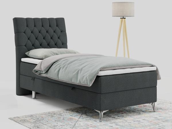 Boxspringbett MILEN, Einzelbett 90x200, Polsterbett mit Multipocket-Matratze und Topper - Dunkelgrau stoff - links - H3