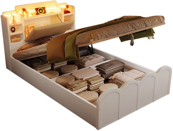 Holzbett mit RGB LED-Streifen, Stauraum, Lattenrost, Kopfteil mit Polsterung, Regal, USB, Type-C, 90x200cm, Einzelbett, Stauraumbett, Jugendbett