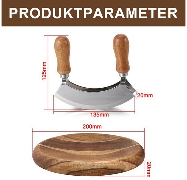 Refined Living Wiegemesser Doppelklinge Edelstahl Wiegemesser mit Schneidebrett, kräuterschneider, kräuterschneider Kräuterschneidebrett Hackmesser Biegemesser Käse