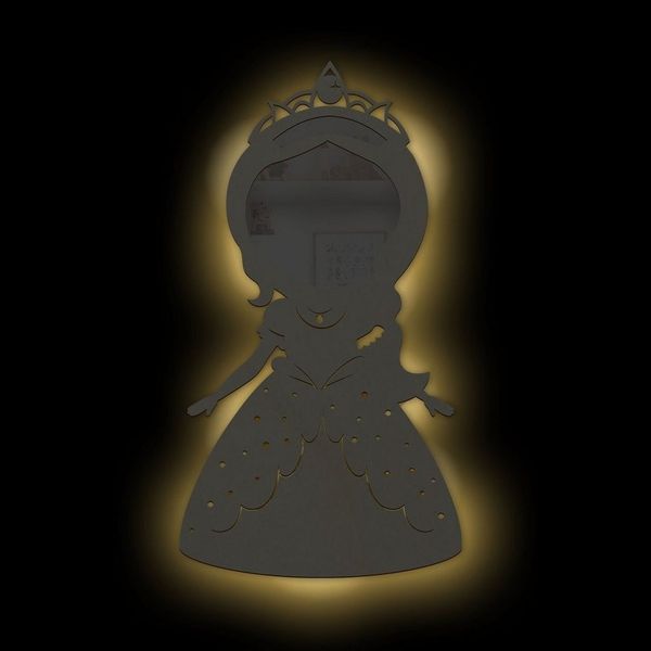 Namofactur Dekospiegel Holz Motiv Spiegel Prinzessin beleuchtet Kinderzimmer Nachtlicht Lampe, Wandspiegel mit Holzrahmen 'Prinzessin' inkl. LED Beleuchtung