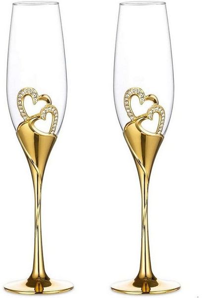 LuxusKollektion Sektglas Hochwertige Diamant-besetzte Herz Weingläser Kristall Gold 2er Set