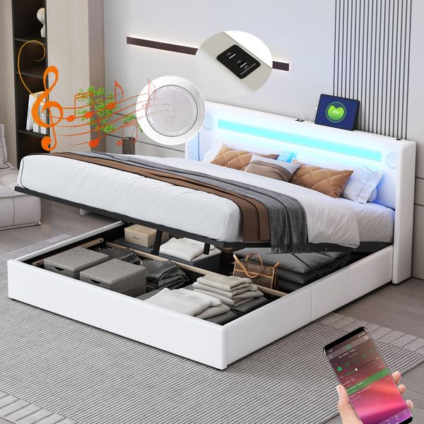 Polsterbett 160x200 cm mit LED-Lichtleiste, Bluetooth und USB –Kunstleder, großer hydraulischer Stauraum,Weiß