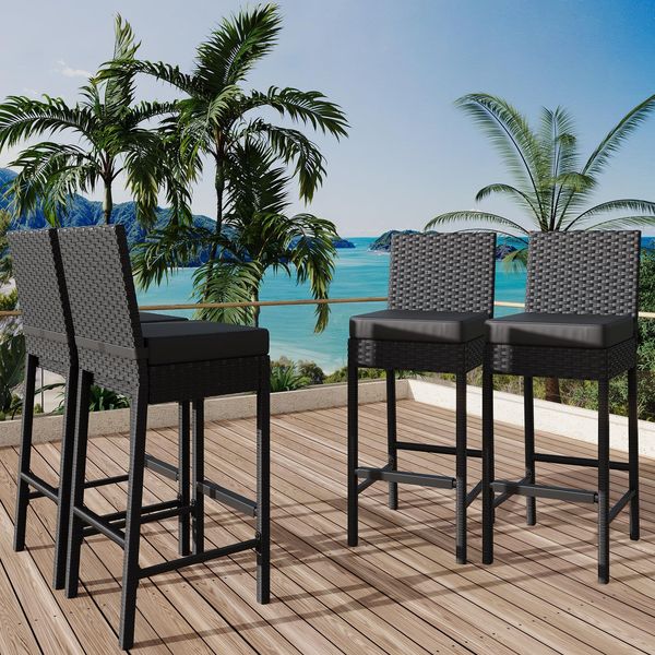 GarveeHome 4er Set Rattan-Hochstühle Mit Metallrahmen, Gepolsterte Outdoor-Barhocker Mit Rückenlehne Und Fußstütze, Wetterfester Stuhl, Für Terrasse Und Strand, 40,6 x 45 x 103,4 cm