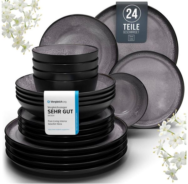 Steingut Geschirrset 6 Pers. Ibiza 24-tlg Hochwertiges Mediterranes TEST SEHR GUT Steingut Geschirr Set - Schüssel- und Teller Set - Tafelservice 6 Personen Geschirrsets Pure Living in Grau