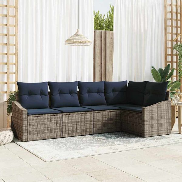 vidaXL Gartensofa-set mit Kissen 5 pcs Grau und Marineblau Poly-Rattan 3355394