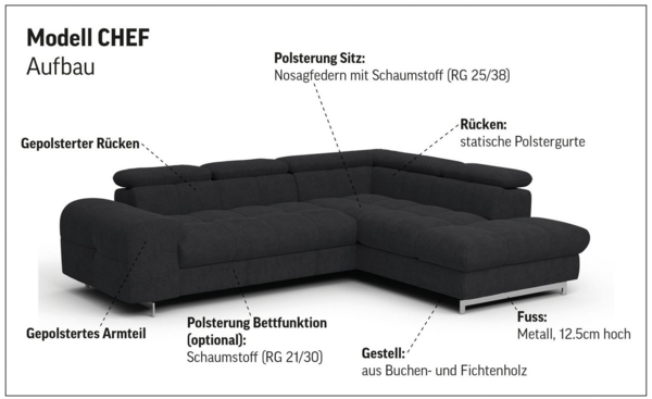 COTTA Ecksofa Chef L-Form, mit Kopfteilverstellung, edle Metallkufen, wahlweise mit Bettfunktion Bild 2