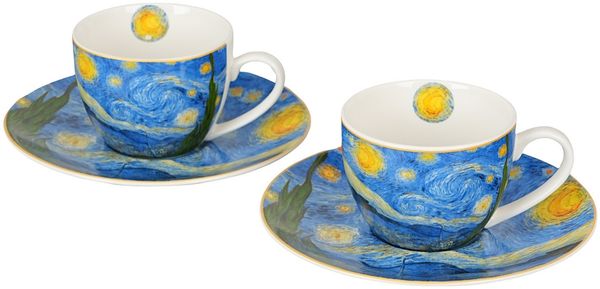 DUO ART GALLERY 2er-Set Espressotasse mit Untertasse STARRY NIGHT inspired by Van Gogh, New Bone China Porzellan