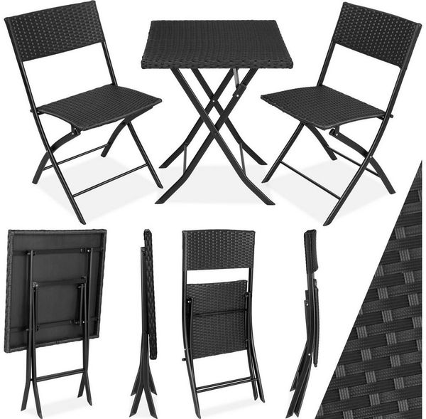 tectake Sitzgruppe Rattan Balkonset für 2 Personen, geringes Gewicht, (Loungeset Trevi, 3-tlg, für Außen in Schwarz), widerstandsfähig, UV-beständig, klappbar
