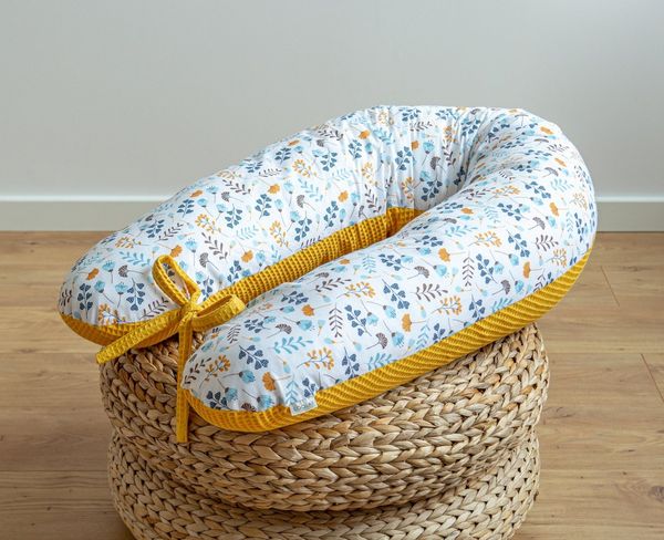 Loolay Stillkissen GELB Waffelpique Blumenwiese Seitenschläferkissen TOP Schlafkissen, XXL 170 cm Stillkissen + Bezug (Reißverschluss), Atmungsaktive WAFFEL + GLATT Baumwolle WEICH Stillkissen MUSTER: GELB Waffelpique/ Türkis Blumenwiese, Hochwertiges ...