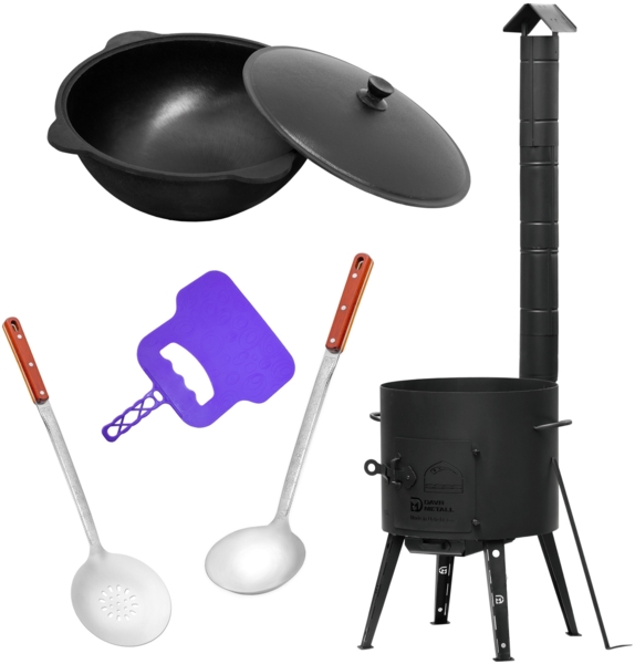 Ø36 Uchag 2mm stahl Utschak mit Abzugsrohr 10L Kazan Eben Grillfächer Schaumkelle Suppenkelle Utschak Utschag Kasan Feldküche Außenküche Eintopfofen Gulaschkanone