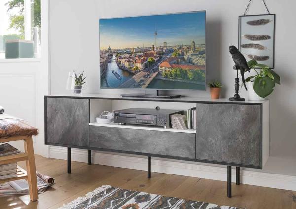 TV-Schrank >8877-11.22< in Weiß/Schiefer - 165x60x34 (BxHxT)