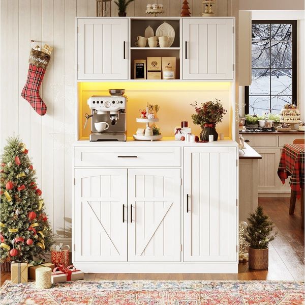 Flieks Küchenbuffet mit LED-Beleuchtung, Steckdose, Schubladen und Türen in Landhausstil (1-St, 110x38x180 cm) Hochschrank Küchenschrank Geschirrschrank mit Türablagen Weiß