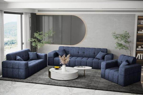 Sofaset Designersofa NANCY 3-2-1 in Stoff Perfekt Harmony Marineblau