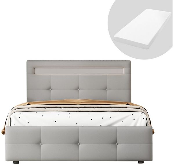 HAUSS SPOLE Polsterbett 90x200 cm mit LED-Leuchten, 2 Schubladen, Leinen Grau mit Matratze, 200x90 cm