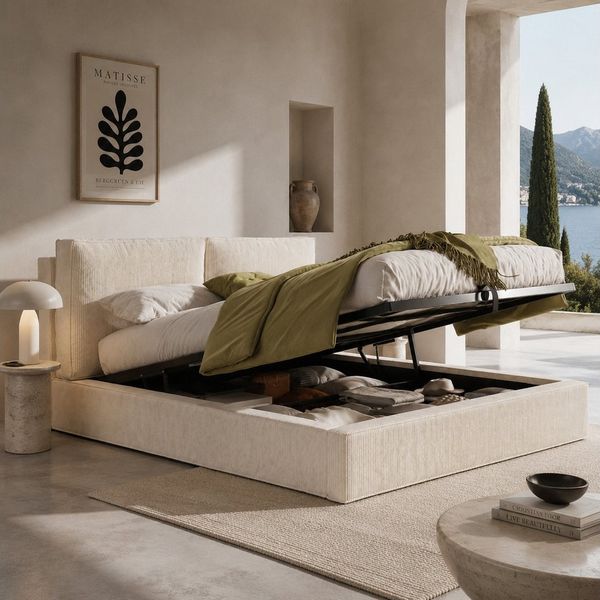 KLAM HOME Polsterbett Beiges Polsterbett aus Chenille mit gepolstertem hohem Kopfteil (Doppelbett 180x200 cm mit Hydraulik-Stauraum und Lattenrost), Funktionsbett mit Unterbettstauraum für aufgeräumtes Schlafzimmer
