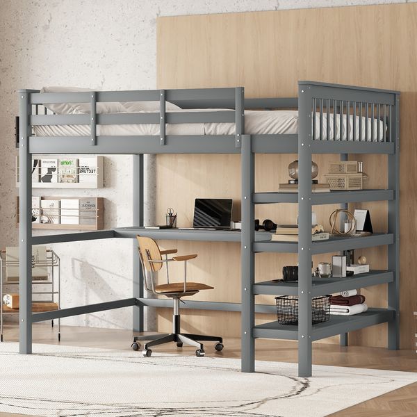 Hochbett, 140 x 200 ,Kinderhochbett mit Ablagefächern und Unterbettschreibtisch,Ohne Matratze, Grau