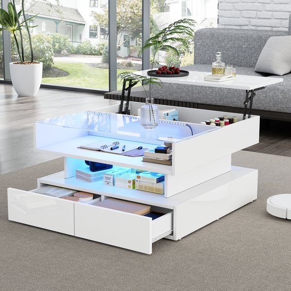 Couchtisch mit hydraulischer Hubfunktion und LED-Beleuchtung, Hochglanz Oberfläche, 2 Schubladen & gehärtetem Glas,Weiß