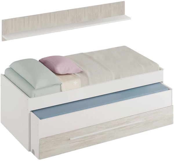 Dmora Kinderbett Art, Bettgestell für Schlafzimmer, Einzelbett mit ausziehbarem Bett, Schublade und Regal, 199 x 96 x 65 cm, Weiß