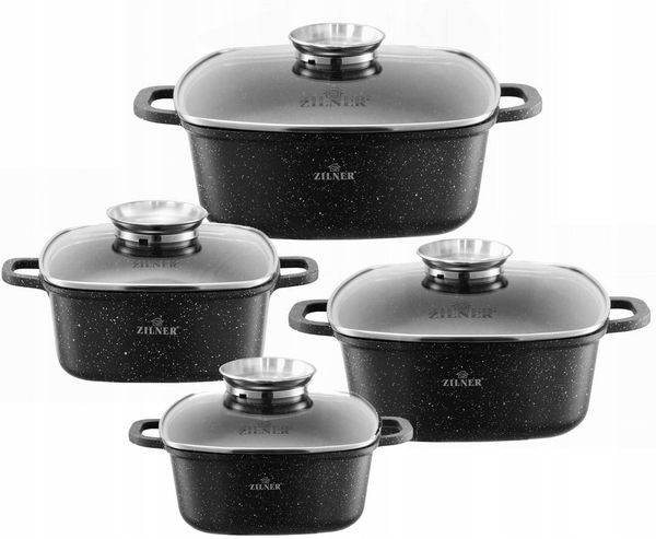 Zilner Topf-Set Schöne quadratische Töpfe in 4 verschiedenen Größen, Bräter, Aluminiumguss, Edelstahl, Keramik (2.5L / 3.5L / 4.5L / 6.5L, 8-tlg, Zeitloses Design des Topfsets. Eine ideale Geschenkidee! Hochwertig)