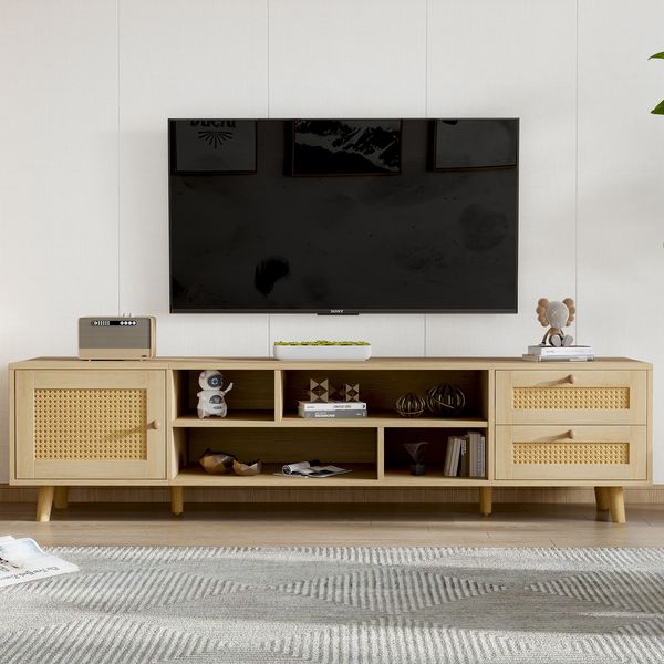 TV Lowboard 160 cm Holzoptik mit Rattanfronten, 2 Schubladen, Tür, Kabelmanagement, höhenverstellbaren Füßen für 70-Zoll Fernseher