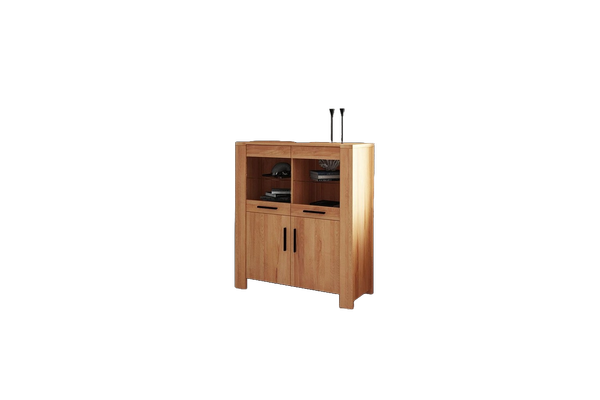Anrichte Lubic aus Wildeiche massiv 111x45x128 mit 4 Türen Glas und Holzbeinen