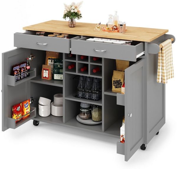 MODFU Küchenwagen Multifunktionale Kücheninsel,Küchewagen, mit 2 Schubladen, (Moderne Kücheninsel mit Holzmaserung – Multifunktionaler Speisewagen, flexibler Stauraum, verstellbares Weinregal & 360° Lenkrollen – Perfekt für Küche, Esszimmer & Werkstatt...