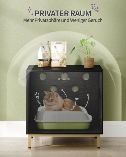 Katzenschrank, Katzentoilette, Katzenklo Schrank, Katzenhaus mit Tür, Hölzerner Beistelltisch für das Haustierhaus, 60 x 50 x 61 cm, Stabile Katzenschrank, Schwarz und Gold
