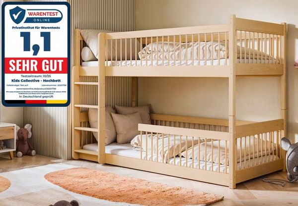 Kids Collective Kinderbett Hochbett Etagenbett 80x180, 90x190, 90x200 cm, umbaubar zu 2 Betten (mit abgerundeten Kanten), 90x190 cm von 4. bis 18. Lebensjahr, Natur mit 2 Matratzen