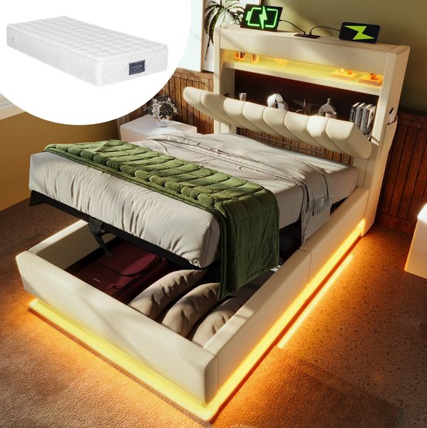 Polsterbett 90x200 cm mit LED, Stauraum-Kopfteil, USB/Type-C und Matratze – Einzelbett in Beige