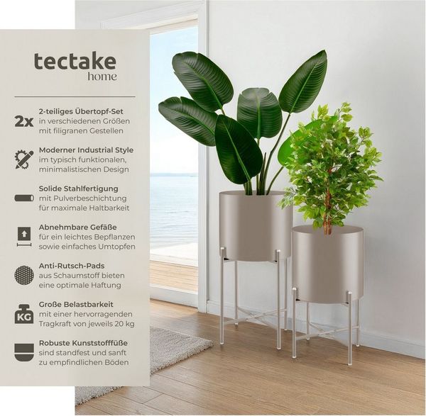 tectake Blumentopf Pflanzenständer 2-teilig, Anti-Rutsch-Pads, Belastbarkeit je 20 kg (Pflanzkübelset Mine, in Industrial Style taupe), abnehmbar, pulverbeschichteter Stahl, bodenschonende Kunststofffüße
