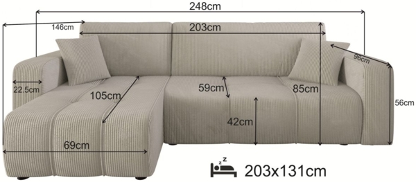 Ecksofa mit Schlaffunktion Sofa DAGNY in Stoff Poso Hellbraun Ottomane Links Bild 5