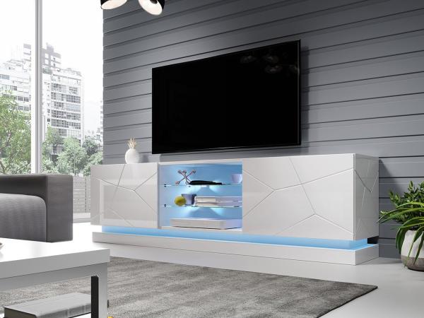 TV-Lowboard Qiu 200 (Farbe: Weiß / Weiß Hochglanz, mit RGB LED Beleuchtung)