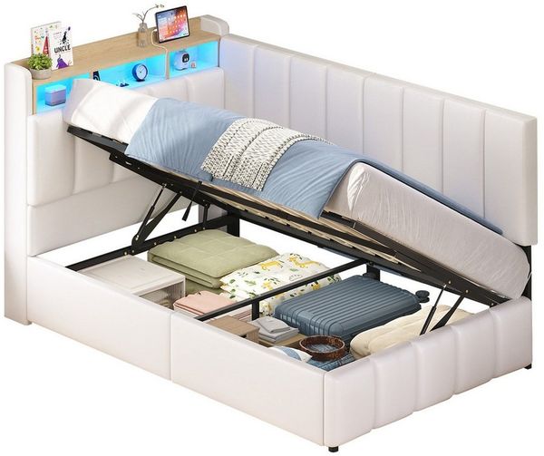 KIMENICH Jugendbett Polsterbett mit LED, Ladestation & Bettkas, Daybett, Schlafsofa (Ohne Matratze), Tagesbett für Schlaf- und Gästezimmer in 90x200 cm